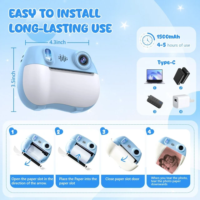 Alt view image 7 of 7 - Kids Camera Instant Print 1080P Front Rear Dual Selfie - Kids Digital Camera with Video Games, 32GB & 5-Color Print Paper/ 250 Photos,Easy to Use & Great Toys Gifts for Boys Girls, Ages 3-12