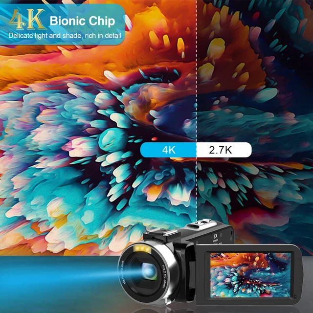 Alt view image 3 of 7 - 4K Camcorder Video Camera, 48MP Digital Video Camera for YouTube, with 3'' 270 Degree Rotation Touchscreen, 18X Video Recorder Vlogging Camera with Remote Control and Two Batteries
