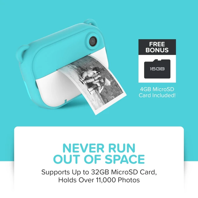 Alt view image 7 of 7 - Insta 2 Instant Print Camera for Kids, 12MP, Camera Only, Blue 1080P video, ink-free thermal printing, microSD card support, gift for boys and girls ages 4-12
