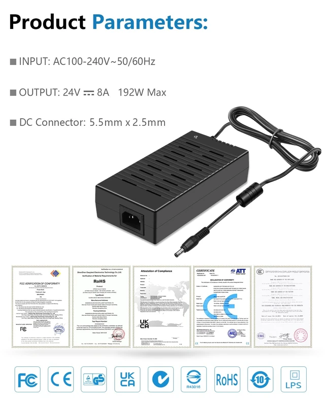Alt view image 3 of 7 - 13.5FT 24V Power Supply DC 24 Volt 8A AC/DC Power Adapter 13.5FT 100V~240V 50/60hz AC to DC 24Volt 8Amp 6A 5A Power Converter,5.5x2.5mmTip,for WS2812 LED Strip CCTV Camera 3D Printer