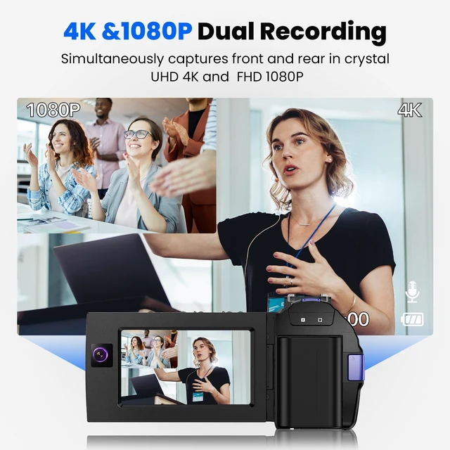 Alt view image 4 of 7 - 5K Video Camera Camcorder, Dual Lens 56MP for YouTube Vlogging Camera 3.0 Inch Flip Touchscreen, IR Night Vision, WiFi, 64GB Card, 2 Batteries, Remote Control, External Mic, Webcam & HDMI