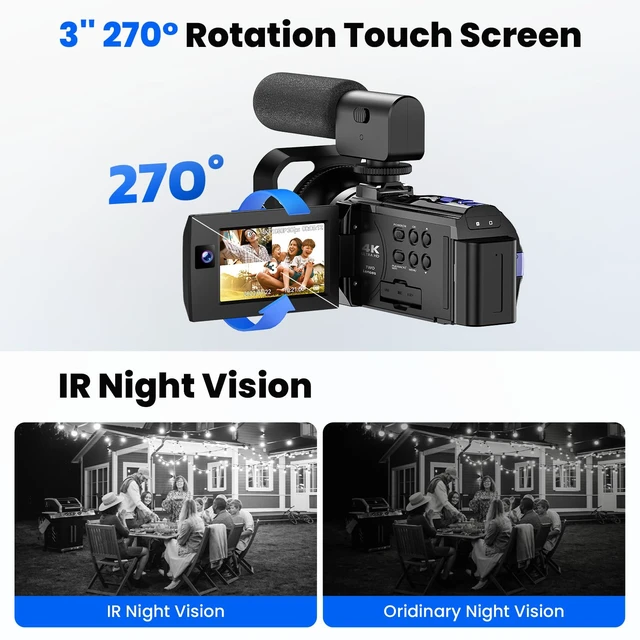 Alt view image 5 of 7 - 5K Video Camera Camcorder, Dual Lens 56MP for YouTube Vlogging Camera 3.0 Inch Flip Touchscreen, IR Night Vision, WiFi, 64GB Card, 2 Batteries, Remote Control, External Mic, Webcam & HDMI