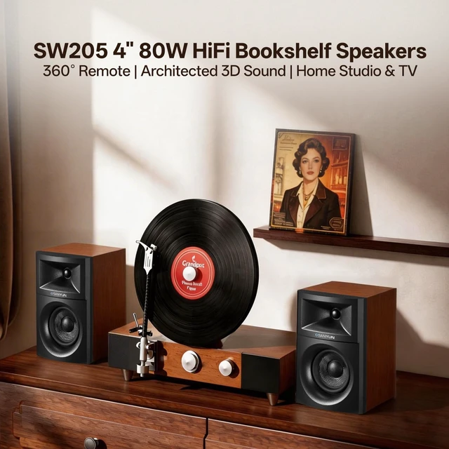 Alt view image 2 of 7 - SW205 4" 2-Way Powered Bookshelf Speakers for TV PC and Home 80W RMS, Composite-Magnet Glass Fiber Woofer, Silk Dome Tweeter, Bluetooth 5.4/Optical/AUX, 24bit DAC, RF Remote, Pair Red