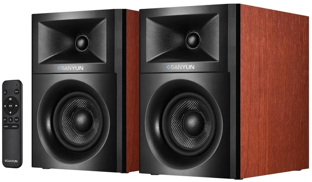 Main image of SW205 4" 2-Way Powered Bookshelf Speakers for TV PC and Home 80W RMS, Composite-Magnet Glass Fiber Woofer, Silk Dome Tweeter, Bluetooth 5.4/Optical/AUX, 24bit DAC, RF Remote, Pair Red