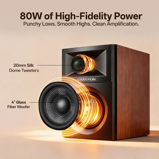 Alt view image 4 of 7 - SW205 4" 2-Way Powered Bookshelf Speakers for TV PC and Home 80W RMS, Composite-Magnet Glass Fiber Woofer, Silk Dome Tweeter, Bluetooth 5.4/Optical/AUX, 24bit DAC, RF Remote, Pair Red
