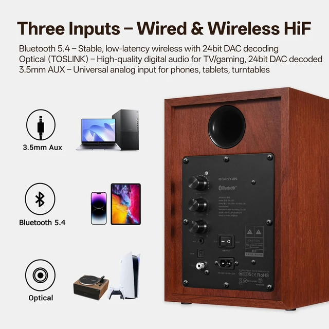 Alt view image 6 of 7 - SW205 4" 2-Way Powered Bookshelf Speakers for TV PC and Home 80W RMS, Composite-Magnet Glass Fiber Woofer, Silk Dome Tweeter, Bluetooth 5.4/Optical/AUX, 24bit DAC, RF Remote, Pair Red