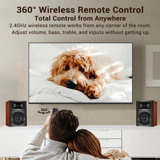 Alt view image 7 of 7 - SW205 4" 2-Way Powered Bookshelf Speakers for TV PC and Home 80W RMS, Composite-Magnet Glass Fiber Woofer, Silk Dome Tweeter, Bluetooth 5.4/Optical/AUX, 24bit DAC, RF Remote, Pair Red