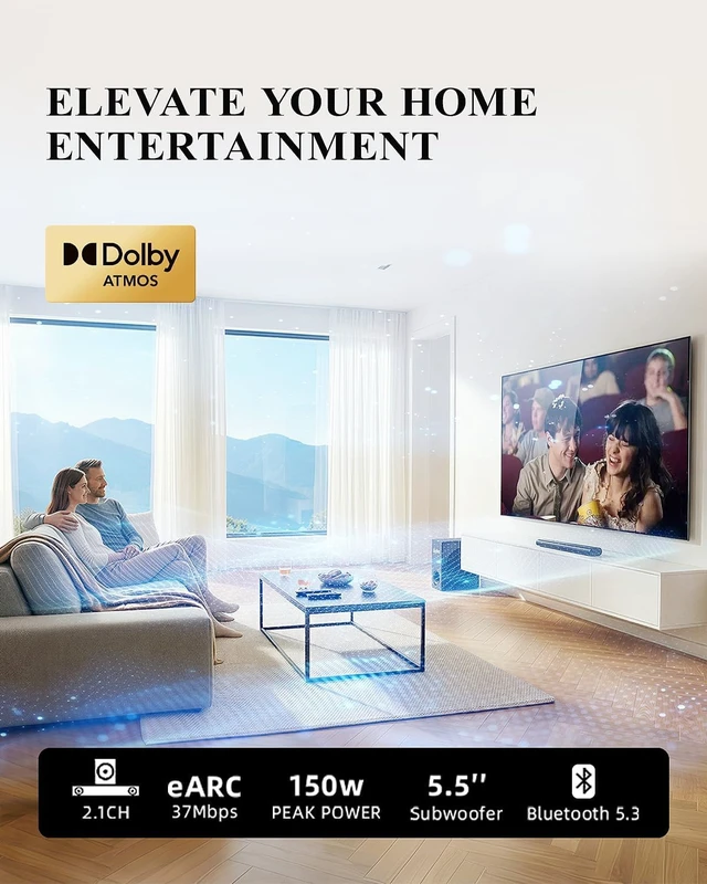 Alt view image 2 of 7 - Jierben 2.1 Dolby Atmos Soundbar with Subwoofer for Smart TV, Dolby Atmos Sound Bar for TV, Surround Sound System for TV, 150W TV Speakers for Smart TV, Bluetooth eARC/Opt/AUX
