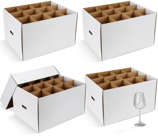 Main image of 4 Pack Wine Glass Moving Boxes Kitchen Moving Boxes with Handle Kitchen Kit with Lid for Dish Glassware(White,20 x 15 x 12 Inches)