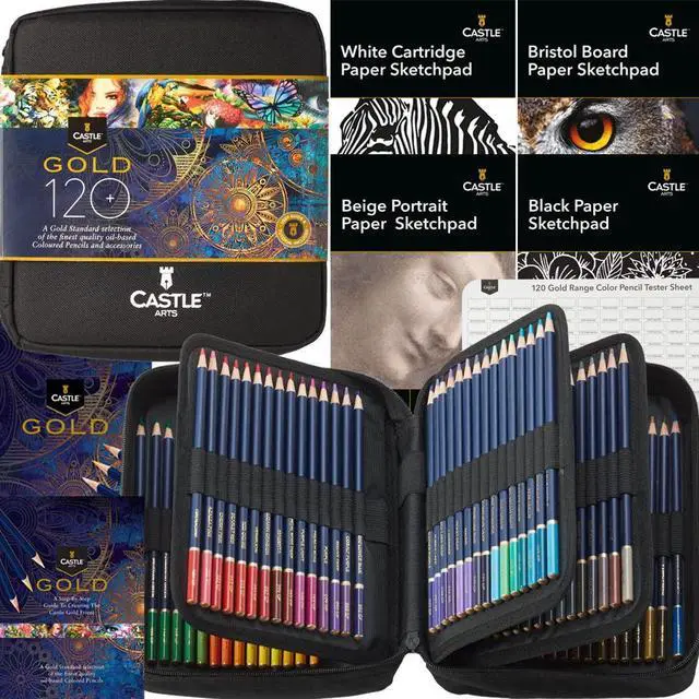Main image of Gold Standard 120 Coloring Pencils Set with Extras, Oil-based Colored Cores Stay Sharper, Tougher Against Breakage, For Adult Artists, Colorists, In Zipper Case