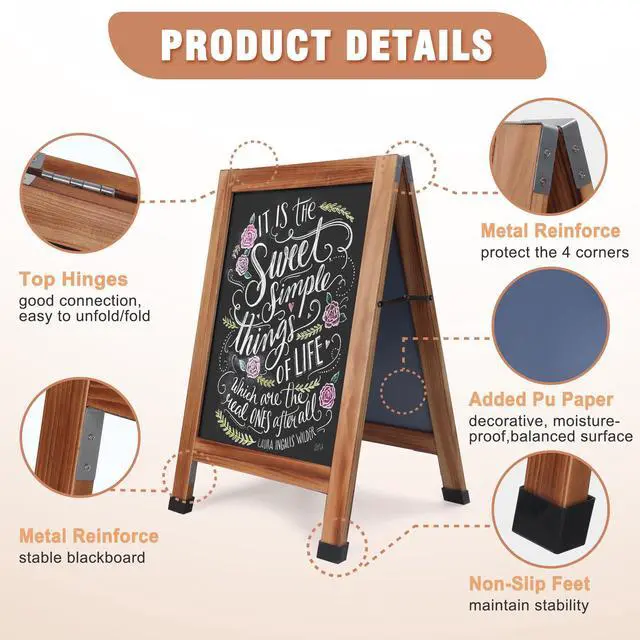 Alt view image 6 of 6 - Solid Wood A-Frame Chalkboard - 30" x 20" Magnetic Sandwich Board Signs Outdoor Standing Chalk Board Easel Sidewalk Pizarra for Menu, Business, Wedding - Rustic Brown