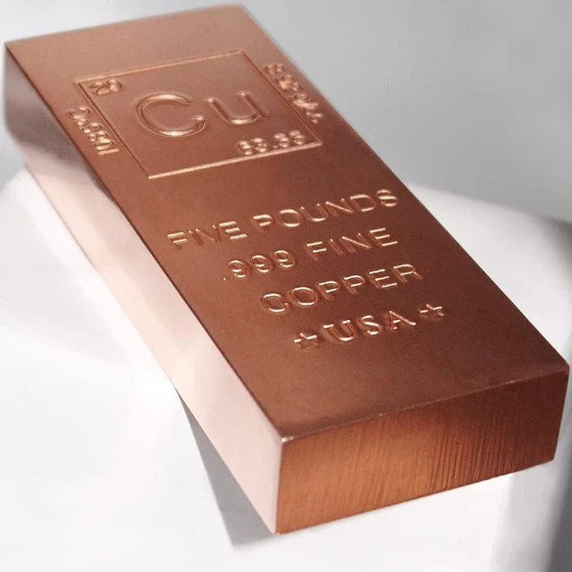 Alt view image 2 of 5 - 5 lb Copper Bar (Flat Style).999 Pure Bullion with Periodic Table Element Design by