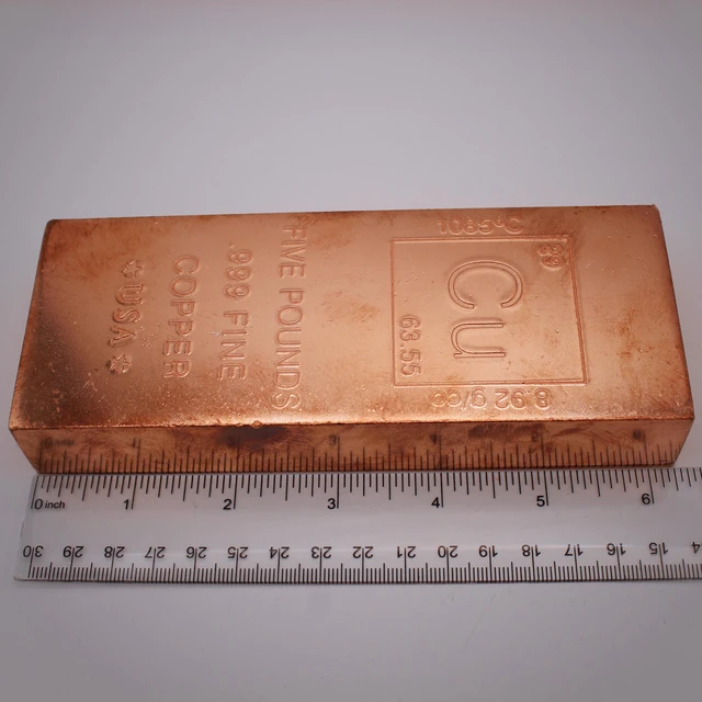 Alt view image 4 of 5 - 5 lb Copper Bar (Flat Style).999 Pure Bullion with Periodic Table Element Design by