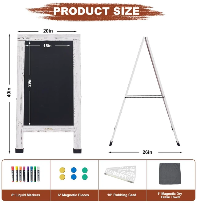 Alt view image 2 of 6 - Wood Magnetic A-Frame Chalkboard Signs, 40" x 20" Large Sandwich Board Signs Outdoor, Double-Sided Sidewalk Blackboard for Business, Wedding, Vendor Display, Coffee Shope - White