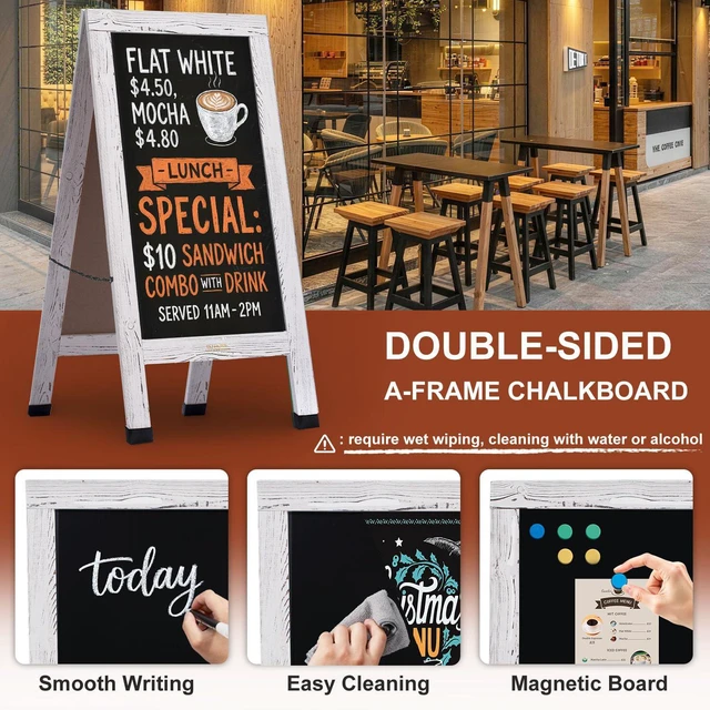 Alt view image 5 of 6 - Wood Magnetic A-Frame Chalkboard Signs, 40" x 20" Large Sandwich Board Signs Outdoor, Double-Sided Sidewalk Blackboard for Business, Wedding, Vendor Display, Coffee Shope - White