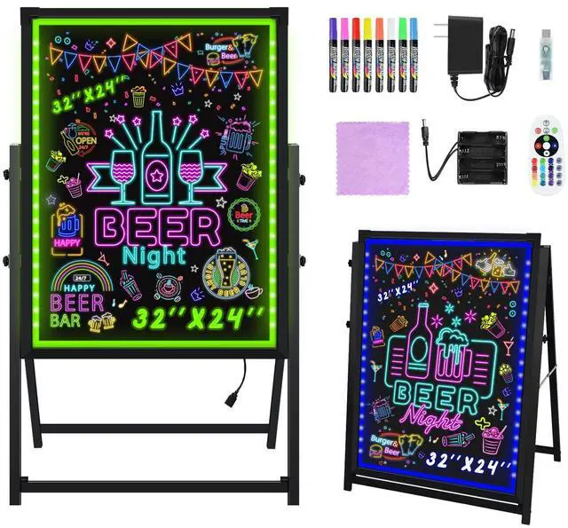 Main image of Standing A-Frame LED Message Writing Board 32x 24", Illuminated Erasable Neon Restaurant Menu Sign Board with 8 Colors Markers & 16 Lighting Colors DIY Chalkboard Light Up Sign