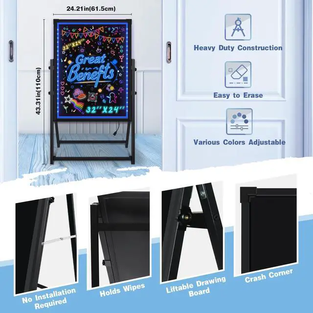 Alt view image 2 of 6 - Standing A-Frame LED Message Writing Board 32x 24", Illuminated Erasable Neon Restaurant Menu Sign Board with 8 Colors Markers & 16 Lighting Colors DIY Chalkboard Light Up Sign