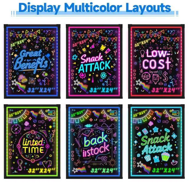 Alt view image 3 of 6 - Standing A-Frame LED Message Writing Board 32x 24", Illuminated Erasable Neon Restaurant Menu Sign Board with 8 Colors Markers & 16 Lighting Colors DIY Chalkboard Light Up Sign