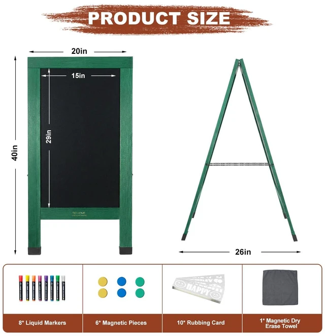 Alt view image 2 of 6 - Wood Magnetic A-Frame Chalkboard Signs, 40" x 20" Large Sandwich Board Signs Outdoor, Double-Sided Sidewalk Blackboard for Business, Wedding, Vendor Display, Coffee Shope - Green