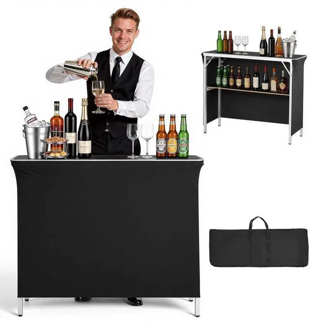 Main image of Folding Portable Bar Table, 43.3 x 15.2 x 34.8 in, with Carry Bag, Storage Shelf, and Detachable Skirt, Quick and Easy Setup, Foldable Mobile Bartending Station for Events, Party, Tradeshow