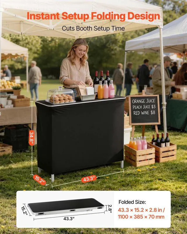 Alt view image 3 of 6 - Folding Portable Bar Table, 43.3 x 15.2 x 34.8 in, with Carry Bag, Storage Shelf, and Detachable Skirt, Quick and Easy Setup, Foldable Mobile Bartending Station for Events, Party, Tradeshow