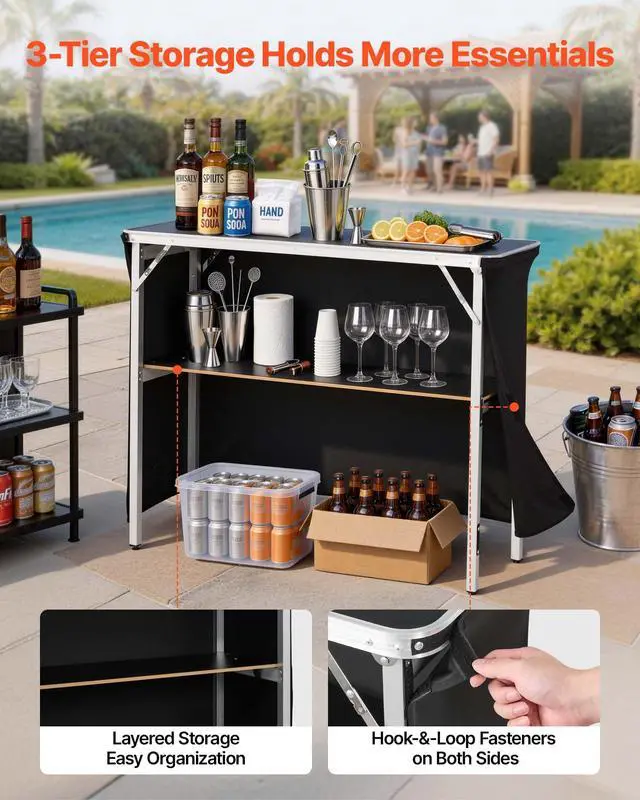Alt view image 4 of 6 - Folding Portable Bar Table, 43.3 x 15.2 x 34.8 in, with Carry Bag, Storage Shelf, and Detachable Skirt, Quick and Easy Setup, Foldable Mobile Bartending Station for Events, Party, Tradeshow
