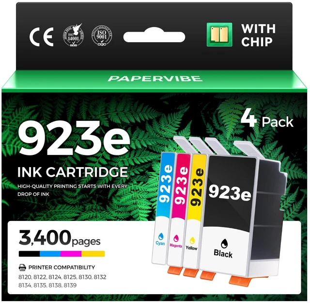 Main image of 923e Ink Cartridge 4-Pack Compatible Replacement for HP 923 923e 923XL Ink | Work with HP OfficeJet Pro 8120 8122e 8123 8130 8133 8135e 8138e 8139e Printer High Yield with Chip Black Cyan Magenta Yell