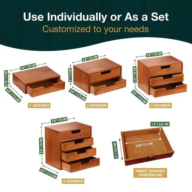 Alt view image 2 of 6 - 4-piece Drawer Cabinet Bundle Set - Modern Mahogany Wood Stackable Units - Multi-level Drawer Desktop Storage Organizers (4-Pack)