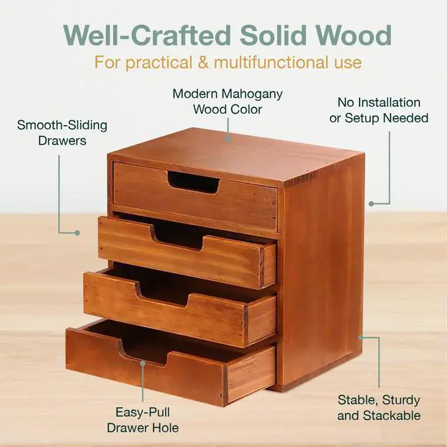 Alt view image 4 of 6 - 4-piece Drawer Cabinet Bundle Set - Modern Mahogany Wood Stackable Units - Multi-level Drawer Desktop Storage Organizers (4-Pack)