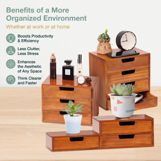 Alt view image 5 of 6 - 4-piece Drawer Cabinet Bundle Set - Modern Mahogany Wood Stackable Units - Multi-level Drawer Desktop Storage Organizers (4-Pack)