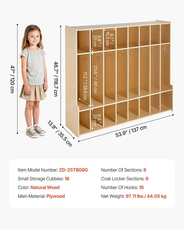 Alt view image 2 of 6 - 8-Section Coat Locker with Bench, Kids Lockers with 16 Hooks & Non-Slip Mat, Classroom Cubbies for Daycare, Home, Kindergarten- Natural