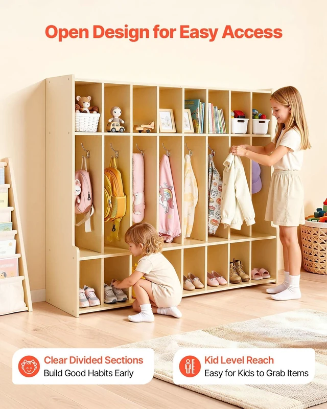 Alt view image 4 of 6 - 8-Section Coat Locker with Bench, Kids Lockers with 16 Hooks & Non-Slip Mat, Classroom Cubbies for Daycare, Home, Kindergarten- Natural