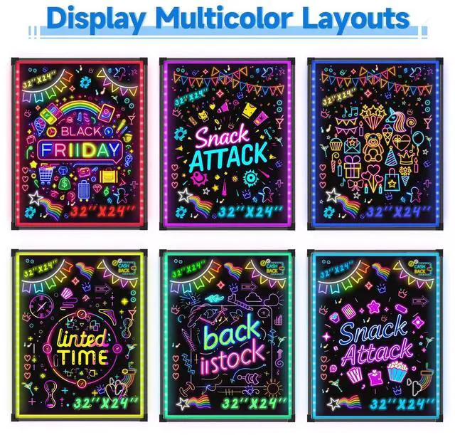 Alt view image 3 of 6 - LED Message Writing Board, 28x 20" Neon Signs Chalkboard Menu Board, 16 Colors Light Board, LED Sign Board, LED Note Board for Restaurant Display Light Up Sign