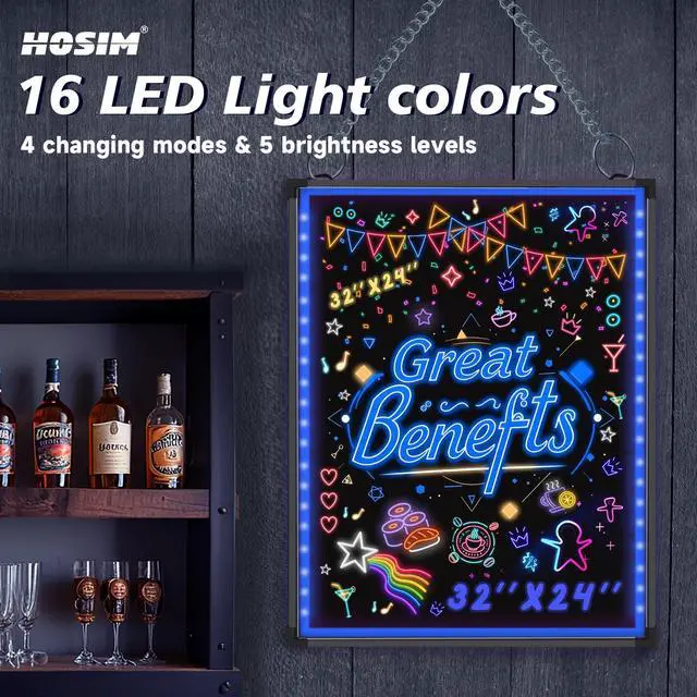 Alt view image 6 of 6 - LED Message Writing Board, 28x 20" Neon Signs Chalkboard Menu Board, 16 Colors Light Board, LED Sign Board, LED Note Board for Restaurant Display Light Up Sign