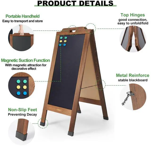 Alt view image 3 of 6 - Magnetic Sandwich A Frame Chalkboard Board Signs - 40 × 20 Inches | Portable, Browm Solid Pine Wood, Double-Sided outdoor Sidewalk ChalkBoards, Restaurant, Cafe, Shop, Wedding, Party