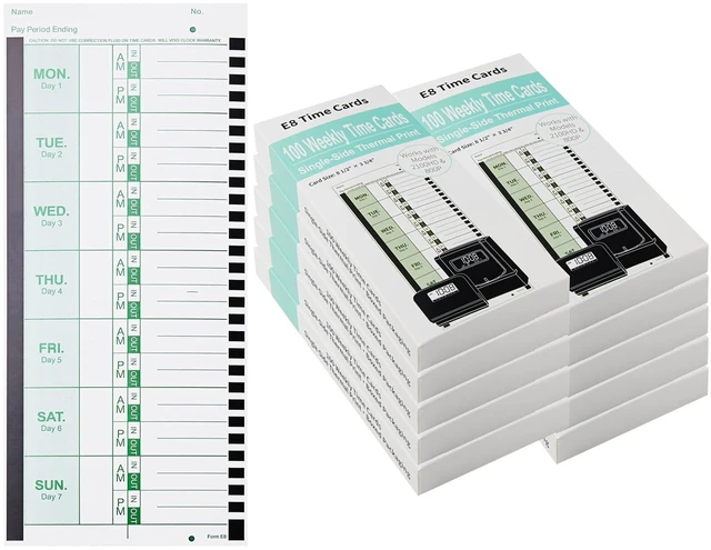 Main image of 1000 E8 Weekly Thermal Time Cards, Compatible with Lathem 2100HD & 800P | Time Clock Cards for Employees, Single-Sided Format with Named Days
