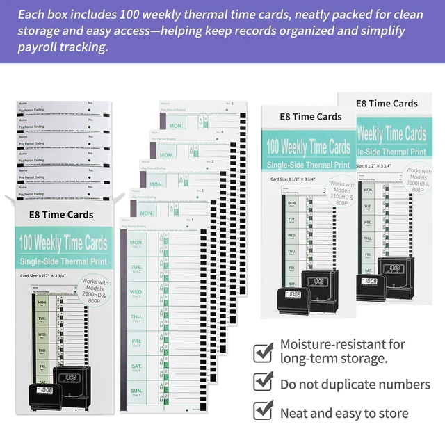 Alt view image 2 of 6 - 1000 E8 Weekly Thermal Time Cards, Compatible with Lathem 2100HD & 800P | Time Clock Cards for Employees, Single-Sided Format with Named Days