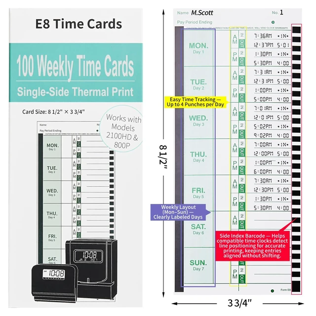 Alt view image 4 of 6 - 1000 E8 Weekly Thermal Time Cards, Compatible with Lathem 2100HD & 800P | Time Clock Cards for Employees, Single-Sided Format with Named Days