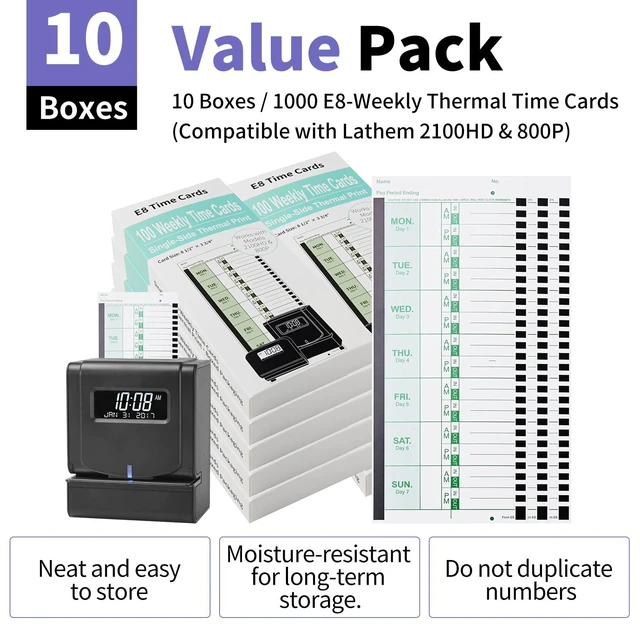 Alt view image 6 of 6 - 1000 E8 Weekly Thermal Time Cards, Compatible with Lathem 2100HD & 800P | Time Clock Cards for Employees, Single-Sided Format with Named Days