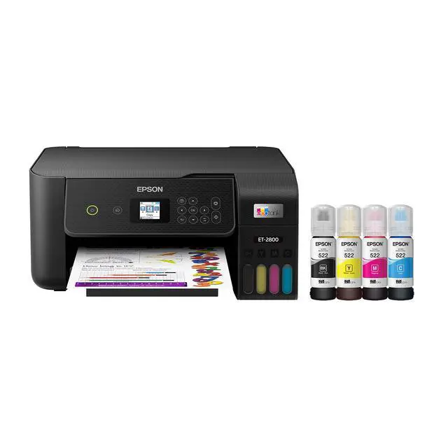 Alt view image 2 of 6 - EcoTank ET-2800 Wireless Color All-in-One Cartridge-Free Supertank Printer, Black, Medium & T522 EcoTank Ink Ultra-high Capacity Bottle Black (T522120-S)