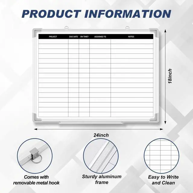 Alt view image 2 of 6 - Aluminum Frame Dry Erase Board with Lines, Double Sided Wall-Mounted Whiteboard for Scheduling, to Do Lists & Weekly Planning, Reusable Calendar for Home & Work(Project Planning Board,24"x18")