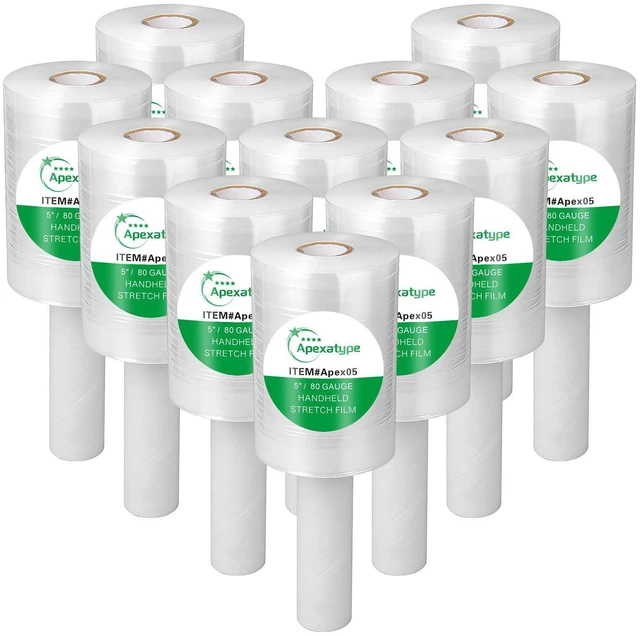 Main image of Plastic Shrink Wrap Roll, 5" x 1200', 12 Rolls | 80 Gauge, 500% Stretch, With Handles, Stretch Film WrapFor Moving, Shipping, Packing, Pallet & Furniture Protection