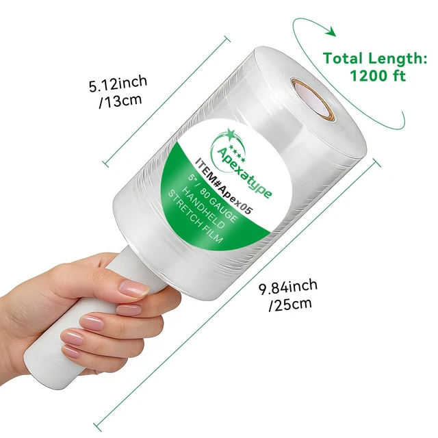 Alt view image 2 of 6 - Plastic Shrink Wrap Roll, 5" x 1200', 12 Rolls | 80 Gauge, 500% Stretch, With Handles, Stretch Film WrapFor Moving, Shipping, Packing, Pallet & Furniture Protection