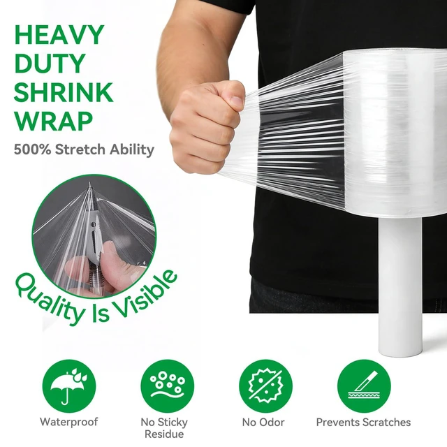 Alt view image 3 of 6 - Plastic Shrink Wrap Roll, 5" x 1200', 12 Rolls | 80 Gauge, 500% Stretch, With Handles, Stretch Film WrapFor Moving, Shipping, Packing, Pallet & Furniture Protection
