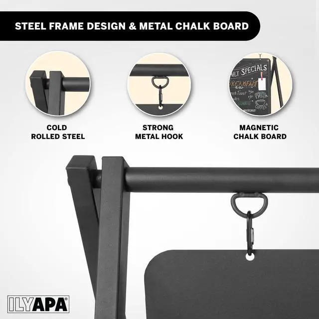 Alt view image 3 of 6 - Metal A Frame Sign, Chalkboard Sidewalk Sign - 24x38 in Outdoor | Double Sided Magnetic Chalkboard, Swinging Sandwich Board Signs, Includes Chalk & Eraser - For Businesses - Black