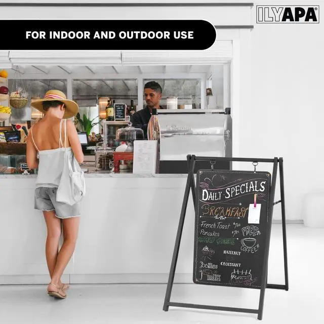 Alt view image 4 of 6 - Metal A Frame Sign, Chalkboard Sidewalk Sign - 24x38 in Outdoor | Double Sided Magnetic Chalkboard, Swinging Sandwich Board Signs, Includes Chalk & Eraser - For Businesses - Black