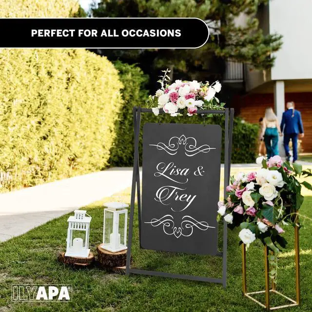 Alt view image 6 of 6 - Metal A Frame Sign, Chalkboard Sidewalk Sign - 24x38 in Outdoor | Double Sided Magnetic Chalkboard, Swinging Sandwich Board Signs, Includes Chalk & Eraser - For Businesses - Black
