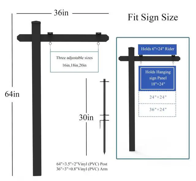 Alt view image 2 of 6 - 5.3ft Vinyl PVC Real Estate Sign Post, Realtor Yard Sign Post, 36" Arm Holds Up to 24" Sign - Black (No Sign)