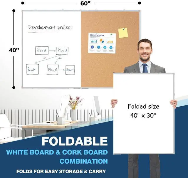 Alt view image 2 of 6 - Large White Board Dry Erase Foldable Cork Board Combo 60x40 for Wall | Dry Erase White Board, Cork Board Combo, Foldable Double-Sided, Magnetic Wall Hanging, School Home Office, Complete Kit