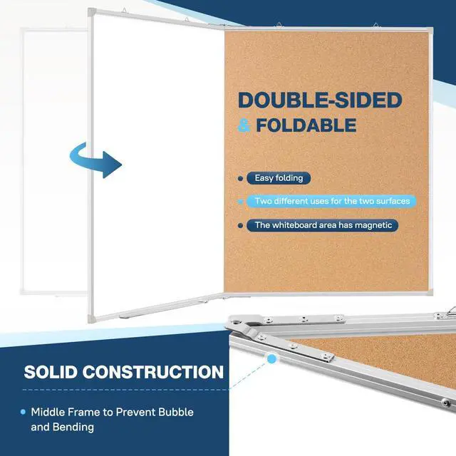 Alt view image 3 of 6 - Large White Board Dry Erase Foldable Cork Board Combo 60x40 for Wall | Dry Erase White Board, Cork Board Combo, Foldable Double-Sided, Magnetic Wall Hanging, School Home Office, Complete Kit